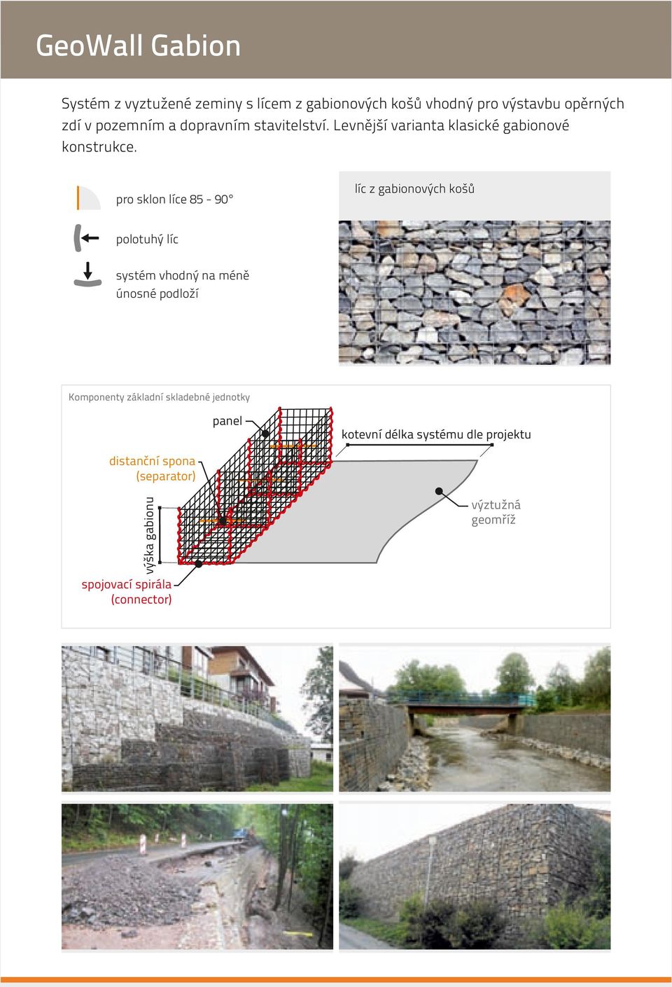 pro sklon líce 85-90 líc z gabionových košů polotuhý líc systém vhodný na méně únosné podloží panel