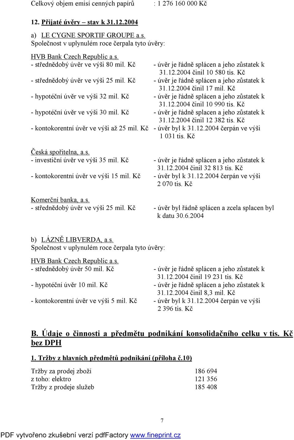 Kč - hypotéční úvěr ve výši 32 mil. Kč - úvěr je řádně splácen a jeho zůstatek k 31.12.2004 činil 10 990 tis. Kč - hypotéční úvěr ve výši 30 mil. Kč - úvěr je řádně splacen a jeho zůstatek k 31.12.2004 činil 12 382 tis.