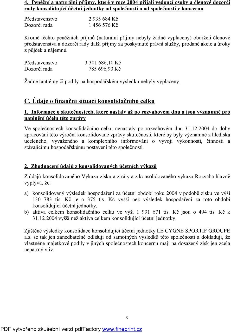 a úroky z půjček a nájemné. Představenstvo Dozorčí rada 3 301 686,10 Kč 785 696,90 Kč Žádné tantiémy či podíly na hospodářském výsledku nebyly vyplaceny. C.