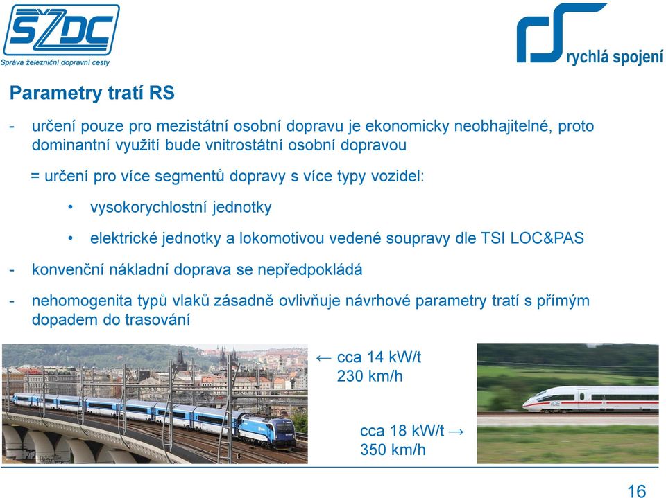 jednotky a lokomotivou vedené soupravy dle TSI LOC&PAS - konvenční nákladní doprava se nepředpokládá - nehomogenita typů