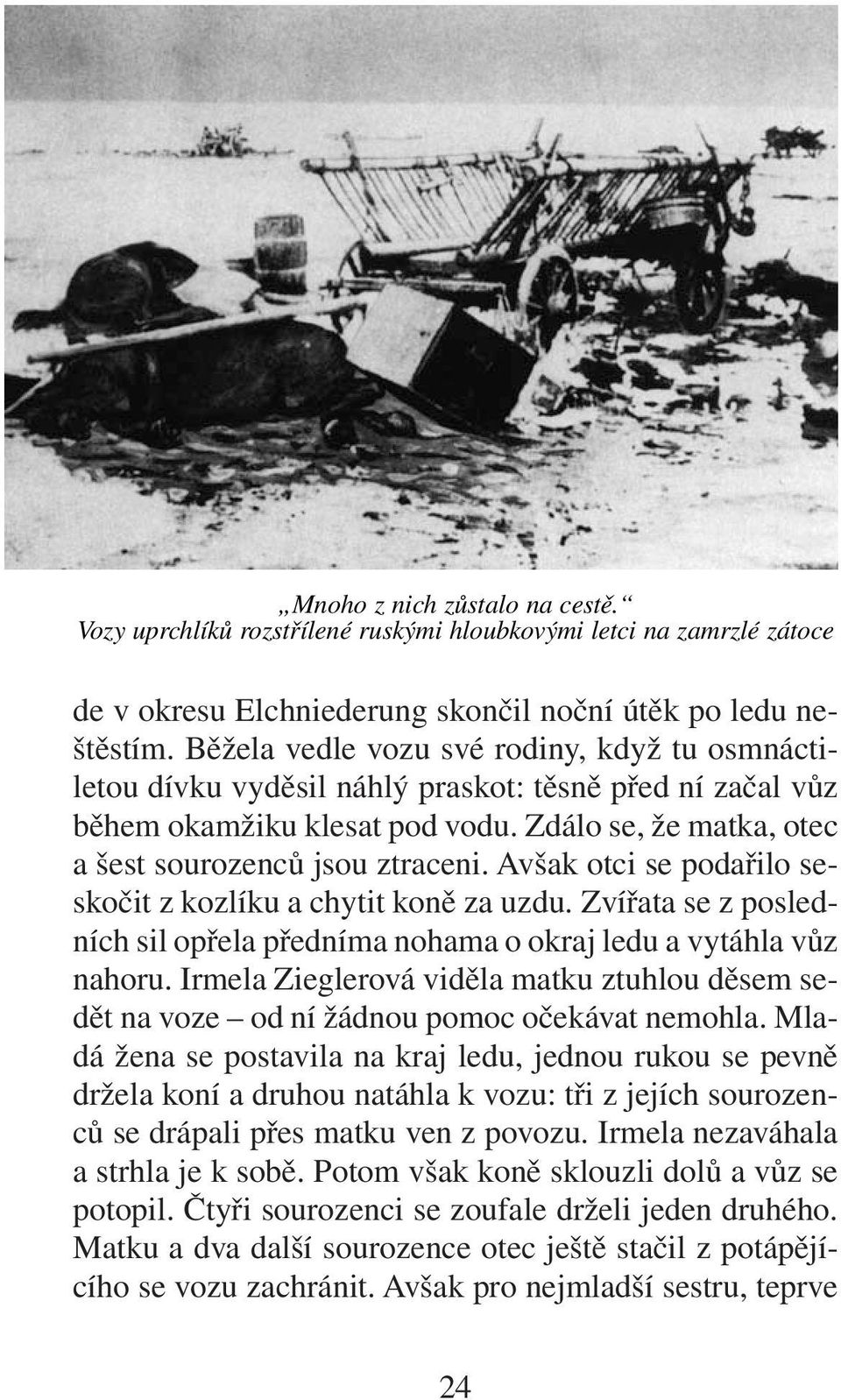 Avšak otci se podařilo seskočit z kozlíku a chytit koně za uzdu. Zvířata se z posledních sil opřela předníma nohama o okraj ledu a vytáhla vůz nahoru.