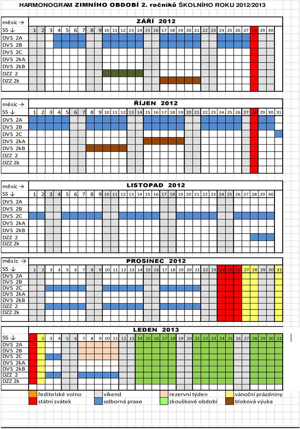 SS 1 2 3 4 5 6 7 8 9 10 11 12 13 14 15 16 17 18 19 20 21 22 23 24 25 26 27 28 29 30 31 DVS 2A DVS 2B DVS 2C DVS 2kA DVS 2kB DZZ 2 DZZ 2k měsíc LISTOPAD 2012 SS 1 2 3 4 5 6 7 8 9 10 11 12 13 14 15 16