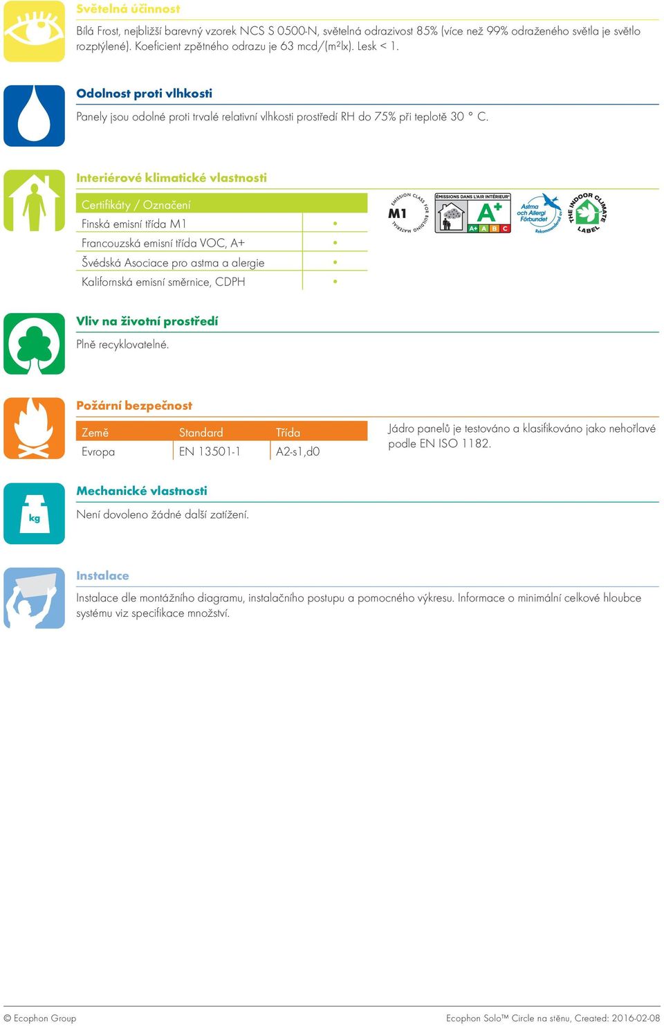 Interiérové klimatické vlastnosti Certifikáty / Označení Finská emisní třída M1 Francouzská emisní třída VOC, A+ Švédská Asociace pro astma a alergie Kalifornská emisní směrnice, CDPH Vliv na životní