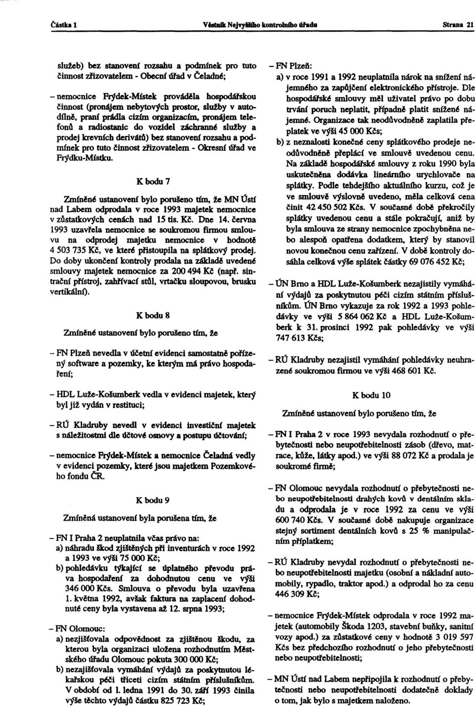 a podmínek pro tuto činnost zřizovatelem- Okresní ófad ve Frýdku-Místku. K bodu 7 MN Ústí nad Labem odprodala v roce 1993 majetek nemocníce v zůstatkových cenách nad 15 tis. Kč. Dne 14.