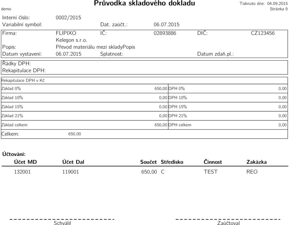 s.r.o. Převod materiálu mezi skladypopis Datum vystavení: 06.07.2015 Spla