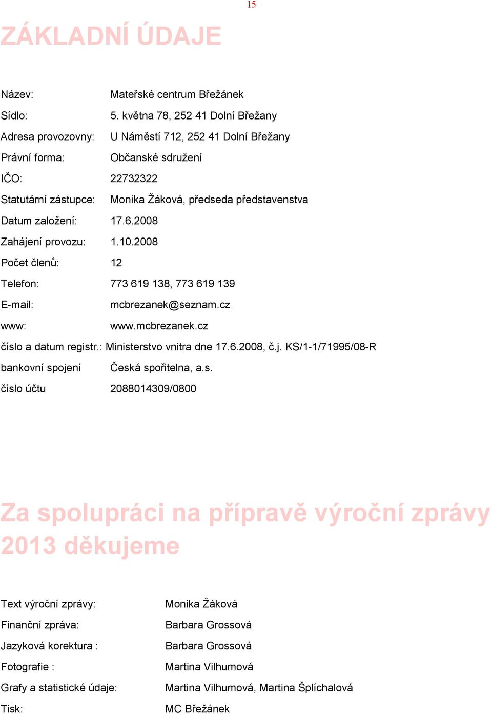 2008 Zahájení provozu: 1.10.2008 Počet členů: 12 Telefon: 773 619 138, 773 619 139 E-mail: www: mcbrezanek@seznam.cz www.mcbrezanek.cz číslo a datum registr.: Ministerstvo vnitra dne 17.6.2008, č.j. KS/1-1/71995/08-R bankovní spojení Česká spořitelna, a.