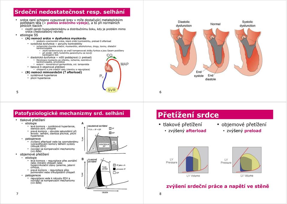 šoku, kdy je problém mimo srdce (nedostatečný návrat) SS (A) nemoci srdce = dysfunkce myokardu jakékoliv onemocnění srdce, které změní kontraktilitu, preload či afterload systolická dysfunkce =
