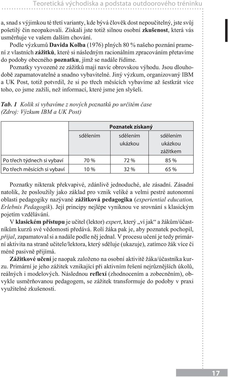 Podle výzkumů Davida Kolba (1976) plných 80 % našeho poznání pramení z vlastních zážitků, které si následným racionálním zpracováním přetavíme do podoby obecného poznatku, jímž se nadále řídíme.