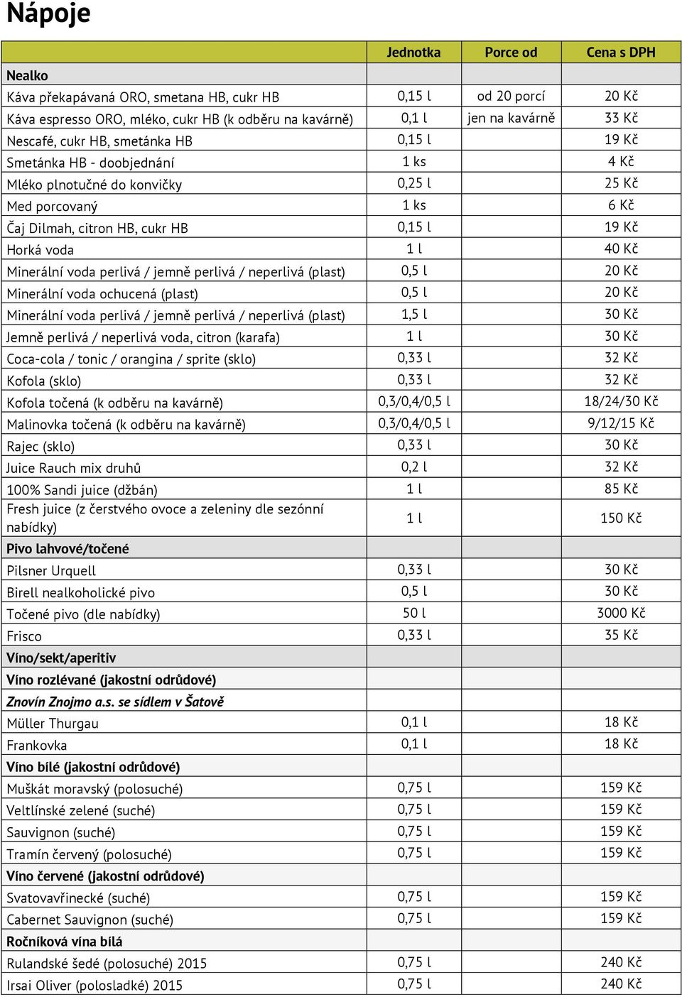 jemně perlivá / neperlivá (plast) 0,5 l 20 Kč Minerální voda ochucená (plast) 0,5 l 20 Kč Minerální voda perlivá / jemně perlivá / neperlivá (plast) 1,5 l 30 Kč Jemně perlivá / neperlivá voda, citron