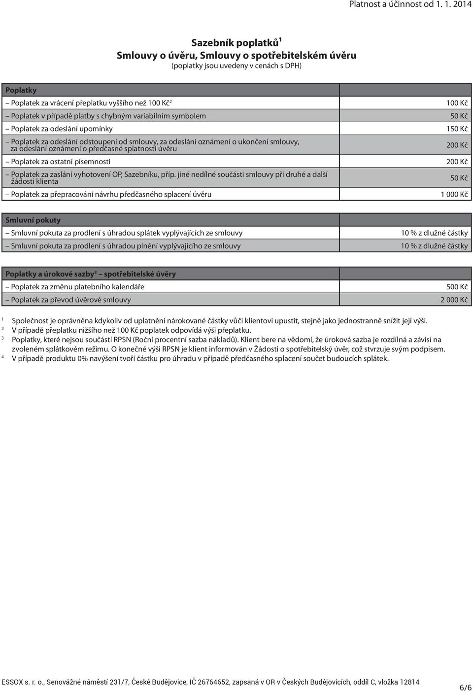 případě platby s chybným variabilním symbolem 50 Kč Poplatek za odeslání upomínky 150 Kč Poplatek za odeslání odstoupení od smlouvy, za odeslání oznámení o ukončení smlouvy, za odeslání oznámení o