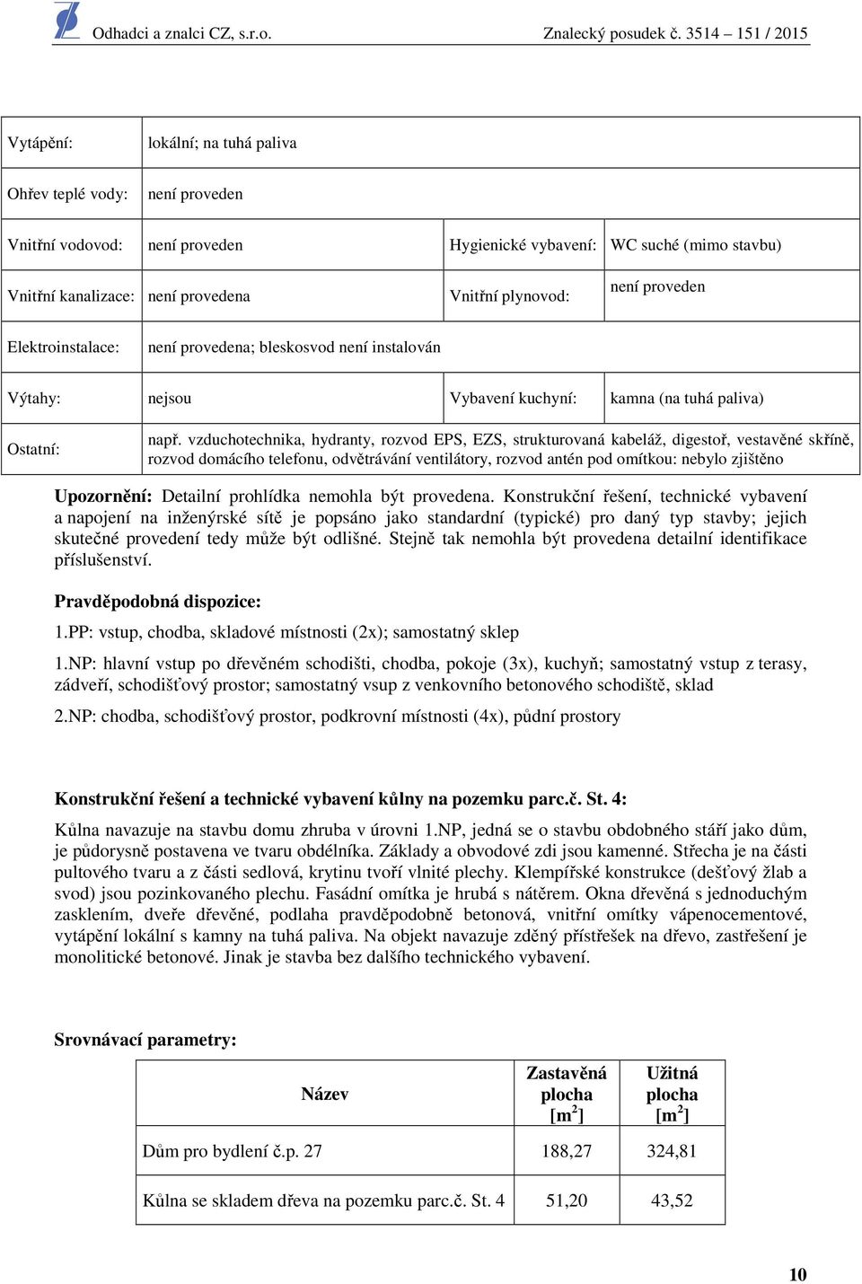 vzduchotechnika, hydranty, rozvod EPS, EZS, strukturovaná kabeláž, digestoř, vestavěné skříně, rozvod domácího telefonu, odvětrávání ventilátory, rozvod antén pod omítkou: nebylo zjištěno Upozornění: