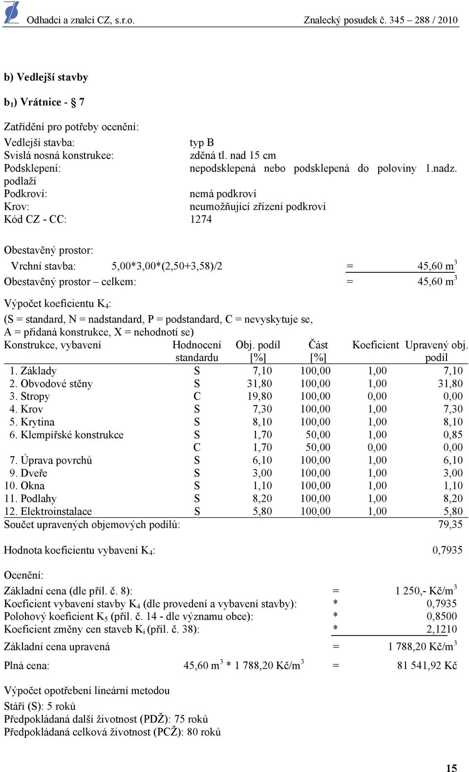 Výpočet koeficientu K 4 : (S = standard, N = nadstandard, P = podstandard, C = nevyskytuje se, A = přidaná konstrukce, X = nehodnotí se) Konstrukce, vybavení Hodnocení Obj.