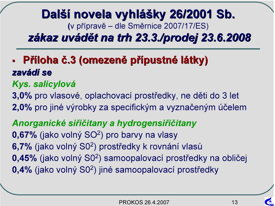 salicylová 3,0% pro vlasové, oplachovací prostředky, ne děti do 3 let 2,0% pro jiné výrobky za specifickým a vyznačeným účelem Anorganické