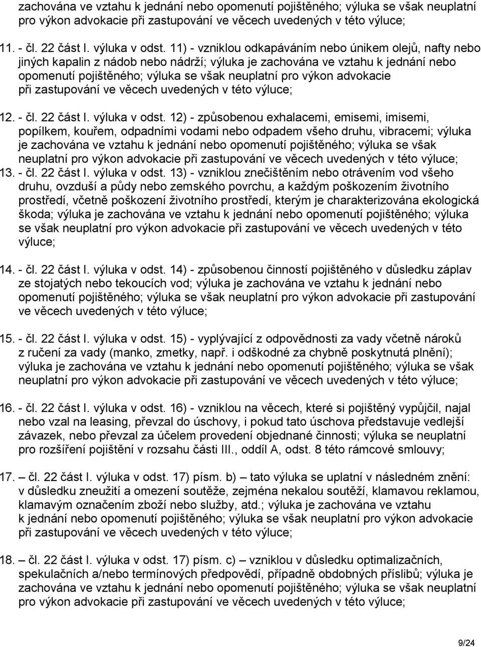 advokacie při zastupování ve věcech uvedených v této výluce; 12. - čl. 22 část I. výluka v odst.