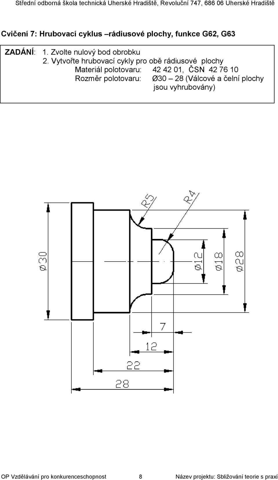 Vytvořte hrubovací cykly pro obě rádiusové plochy Rozměr polotovaru: Ø30 28