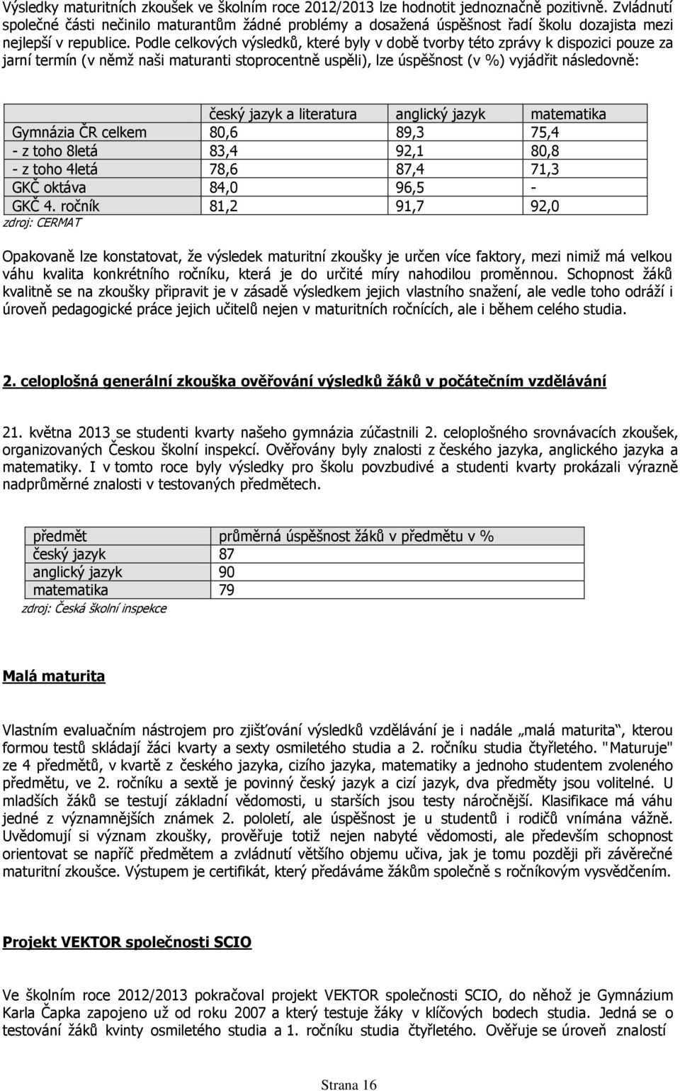 Podle celkových výsledků, které byly v době tvorby této zprávy k dispozici pouze za jarní termín (v němž naši maturanti stoprocentně uspěli), lze úspěšnost (v %) vyjádřit následovně: český jazyk a