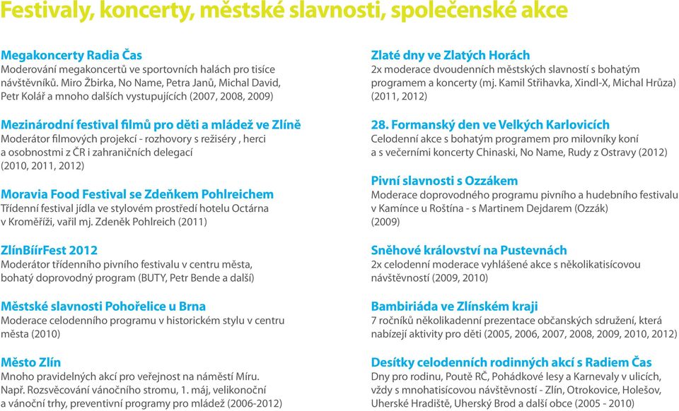 rozhovory s režiséry, herci a osobnostmi z ČR i zahraničních delegací (2010, 2011, 2012) Moravia Food Festival se Zdeňkem Pohlreichem Třídenní festival jídla ve stylovém prostředí hotelu Octárna v