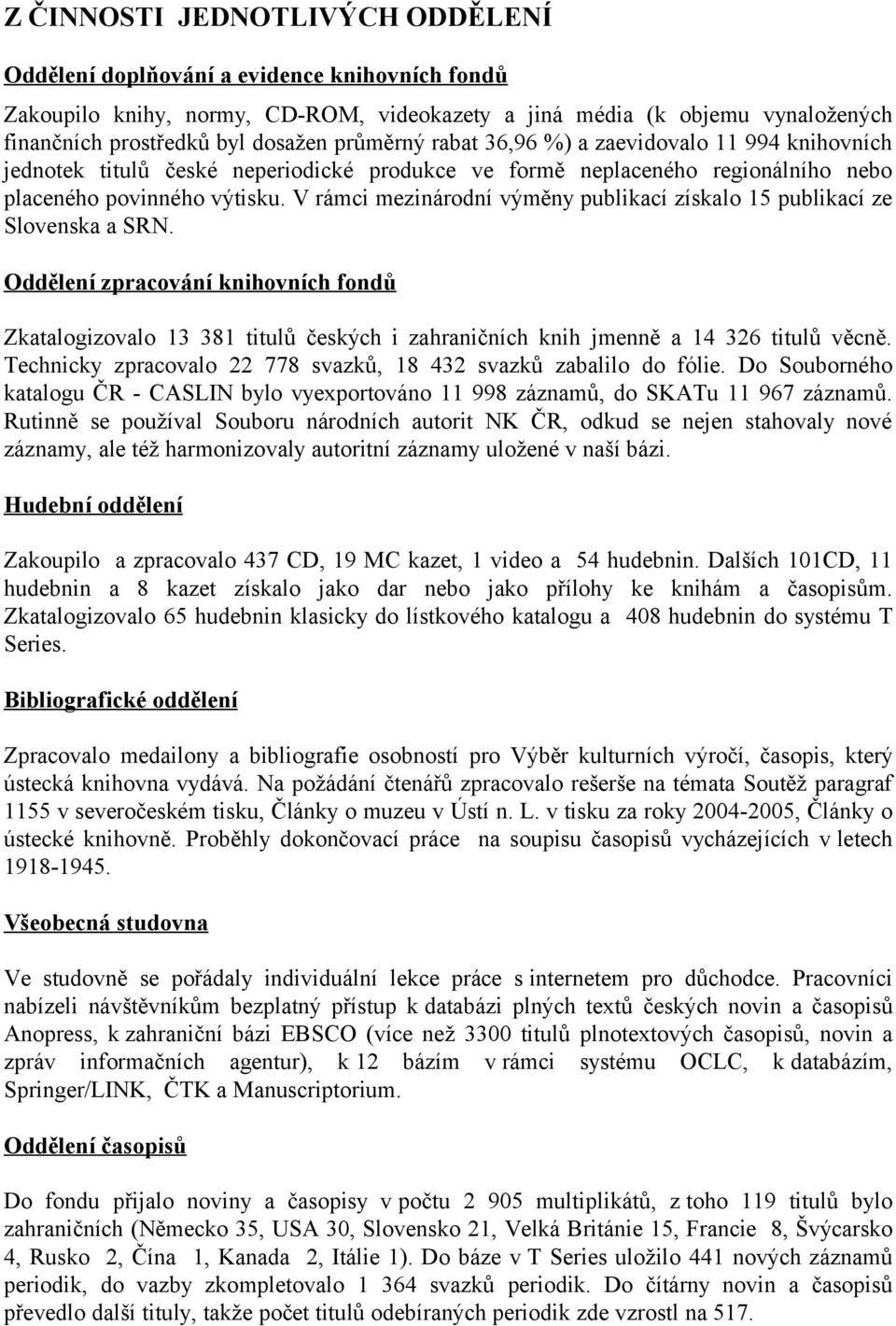 V rámci mezinárodní výměny publikací získalo 15 publikací ze Slovenska a SRN.