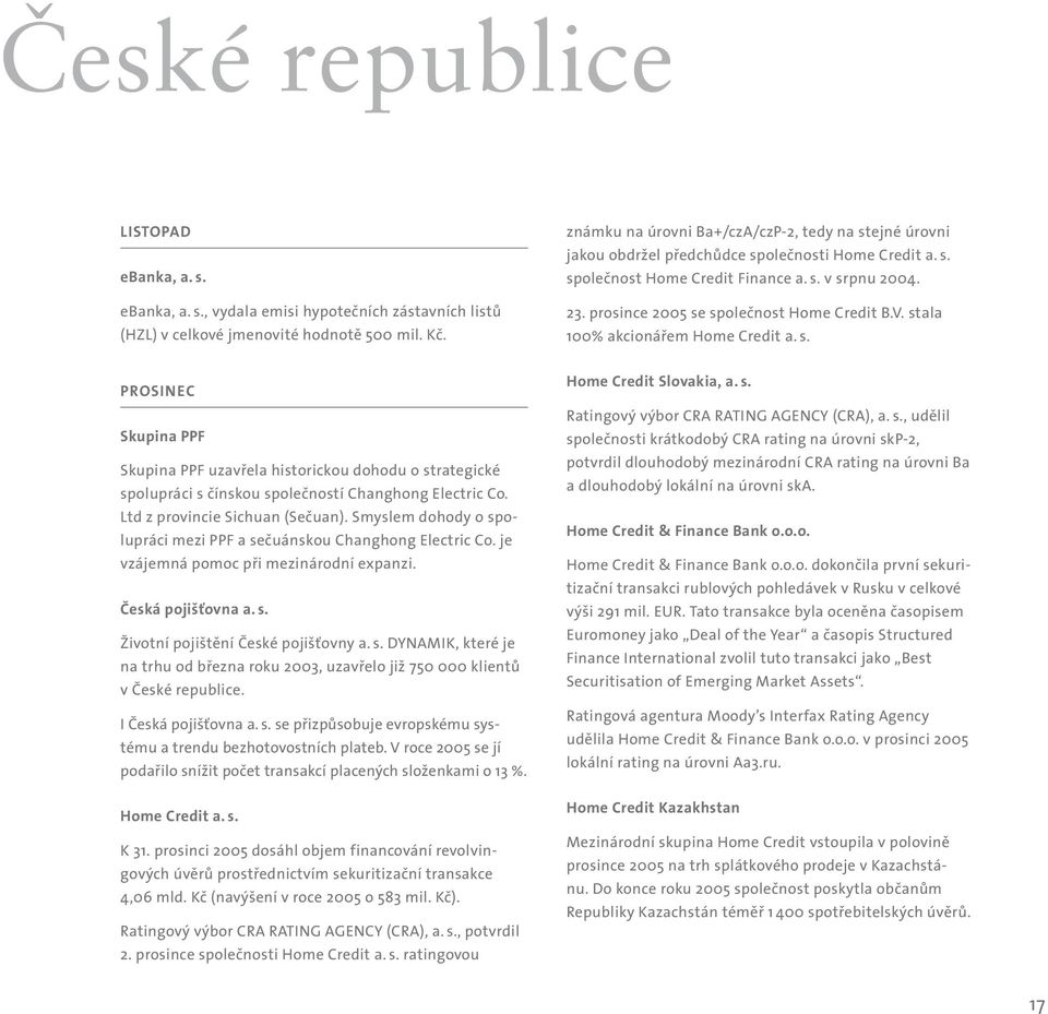 prosince 2005 se společnost Home Credit B.V. stala 100% akcionářem Home Credit a. s. Prosinec Skupina PPF Skupina PPF uzavřela historickou dohodu o strategické spolupráci s čínskou společností Changhong Electric Co.