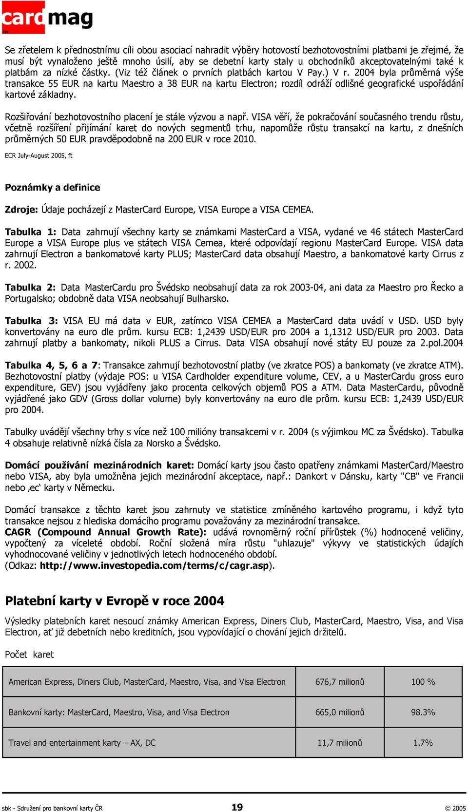 2004 byla průměrná výše transakce 55 EUR na kartu Maestro a 38 EUR na kartu Electron; rozdíl odráží odlišné geografické uspořádání kartové základny.