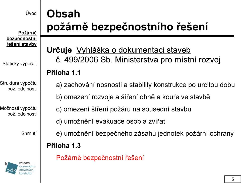 1 a) zachování nosnosti a stability konstrukce po určitou dobu b) omezení rozvoje a šíření ohně a