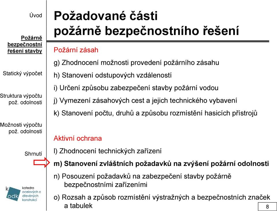 druhů a způsobu rozmístění hasicích přístrojů Aktivní ochrana l) Zhodnocení technických zařízení m) Stanovení zvláštních požadavků na zvýšení