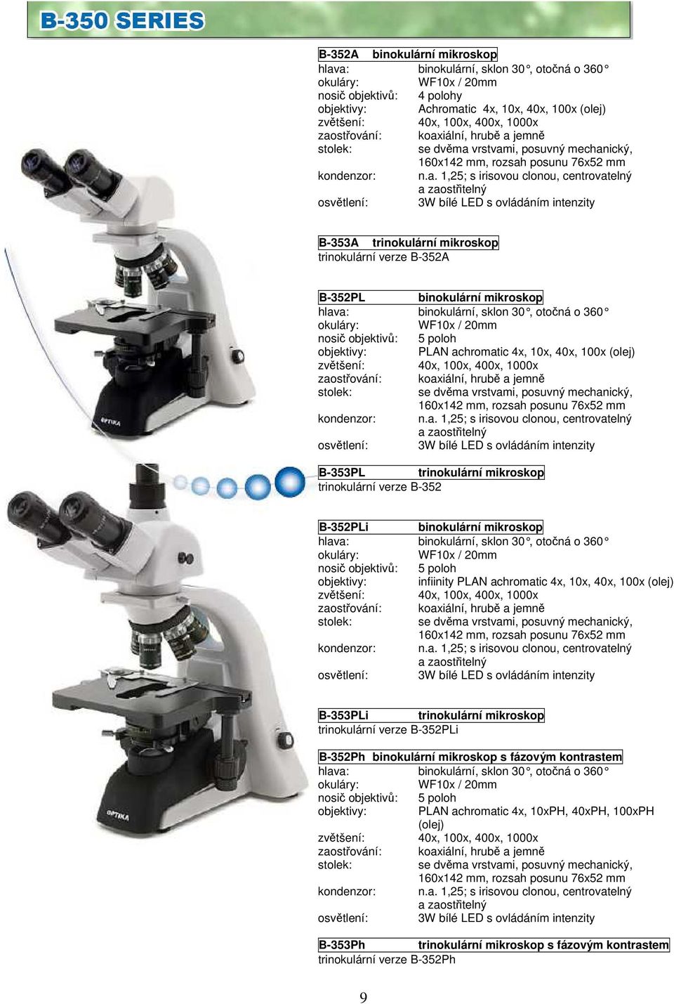 osvětlení: 3W bílé LED s ovládáním intenzity B-353A trinokulární mikroskop trinokulární verze B-352A B-352PL binokulární mikroskop hlava: binokulární, sklon 30, otočná o 360 WF10x / 20mm nosič