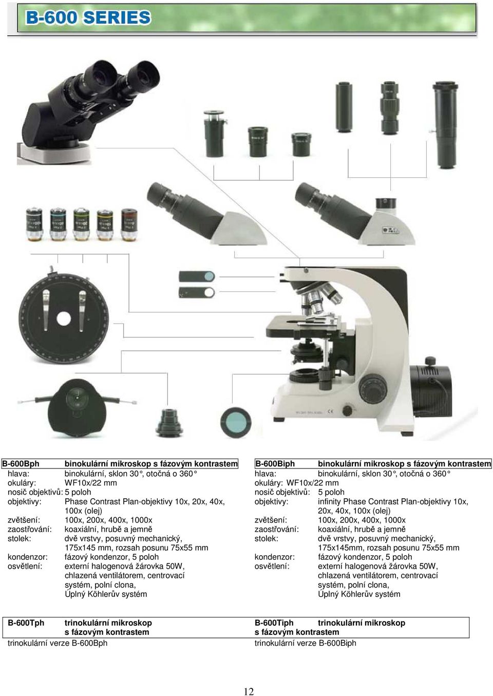 20x, 40x, 100x (olej) zvětšení: 100x, 200x, 400x, 1000x zvětšení: 100x, 200x, 400x, 1000x zaostřování: koaxiální, hrubě a jemně zaostřování: koaxiální, hrubě a jemně stolek: dvě vrstvy, posuvný