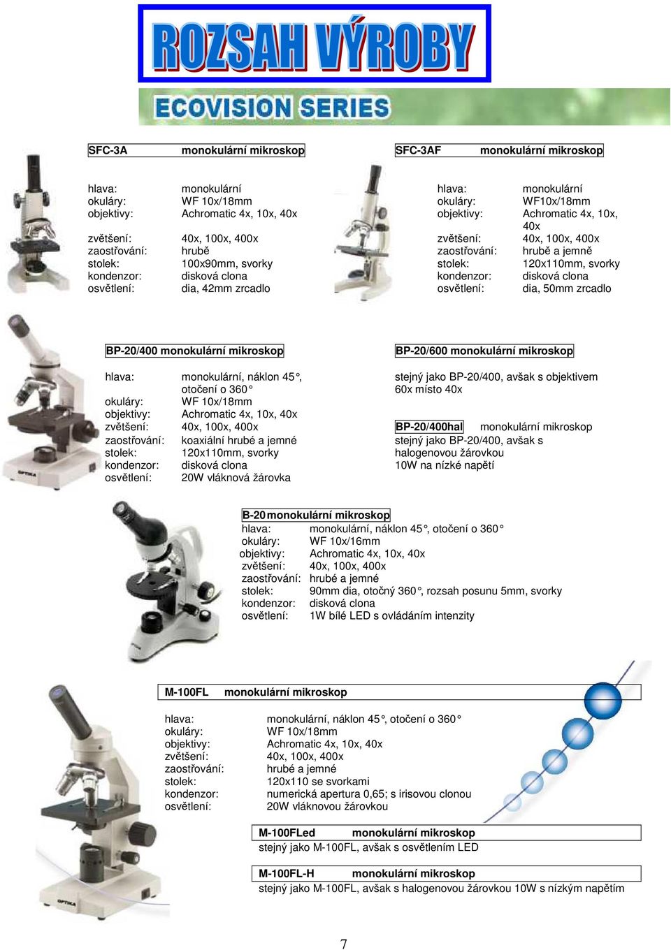 dia, 42mm zrcadlo osvětlení: dia, 50mm zrcadlo BP-20/400 monokulární mikroskop BP-20/600 monokulární mikroskop hlava: monokulární, náklon 45, stejný jako BP-20 /400, avšak s objektivem otočení o 360