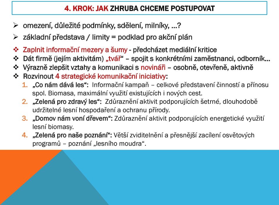 zlepšit vztahy a komunikaci s novináři osobně, otevřeně, aktivně Rozvinout 4 strategické komunikační iniciativy: 1. Co nám dává les : Informační kampaň celkové představení činností a přínosu spol.