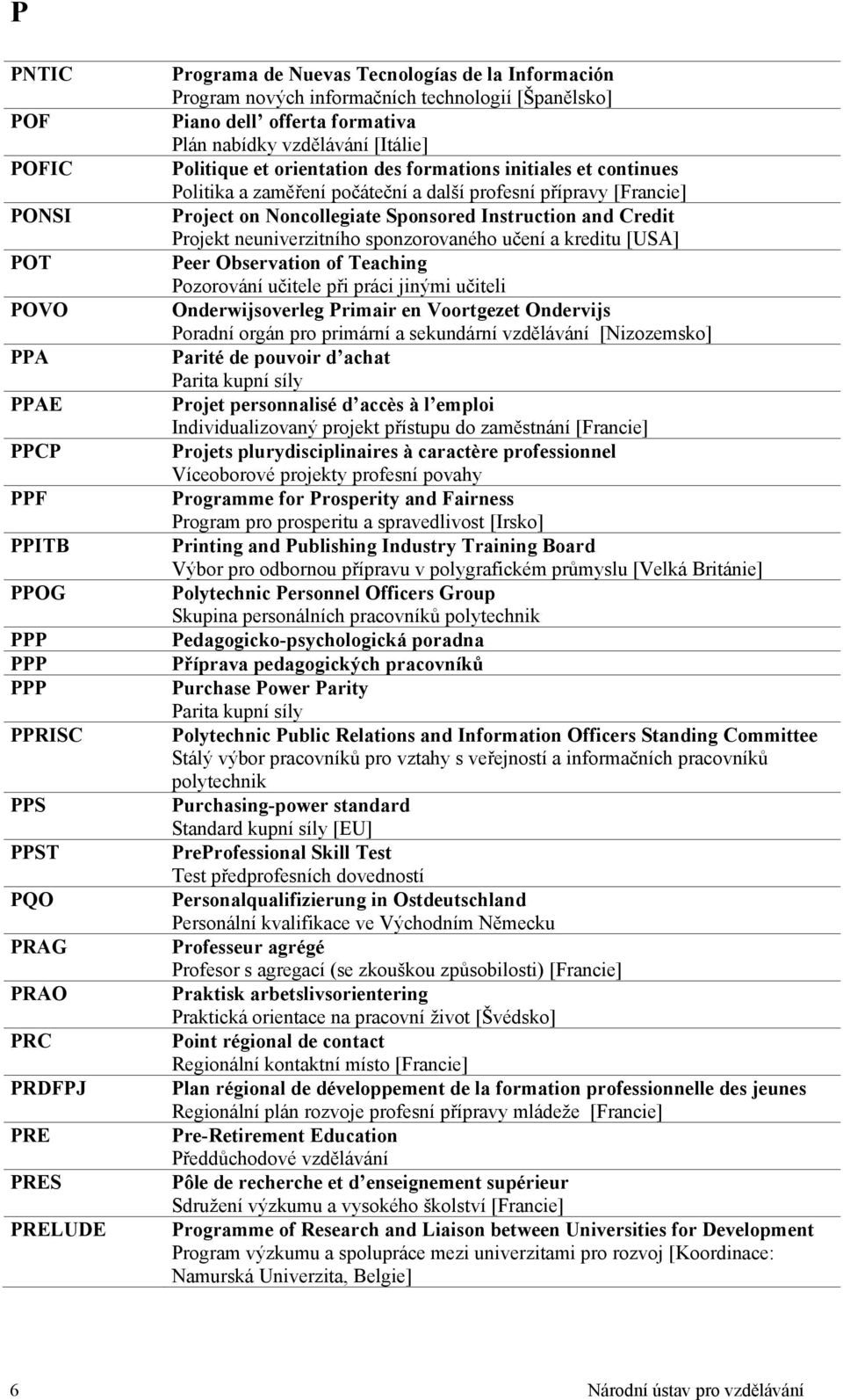 profesní přípravy [Francie] Project on Noncollegiate Sponsored Instruction and Credit Projekt neuniverzitního sponzorovaného učení a kreditu [USA] Peer Observation of Teaching Pozorování učitele při