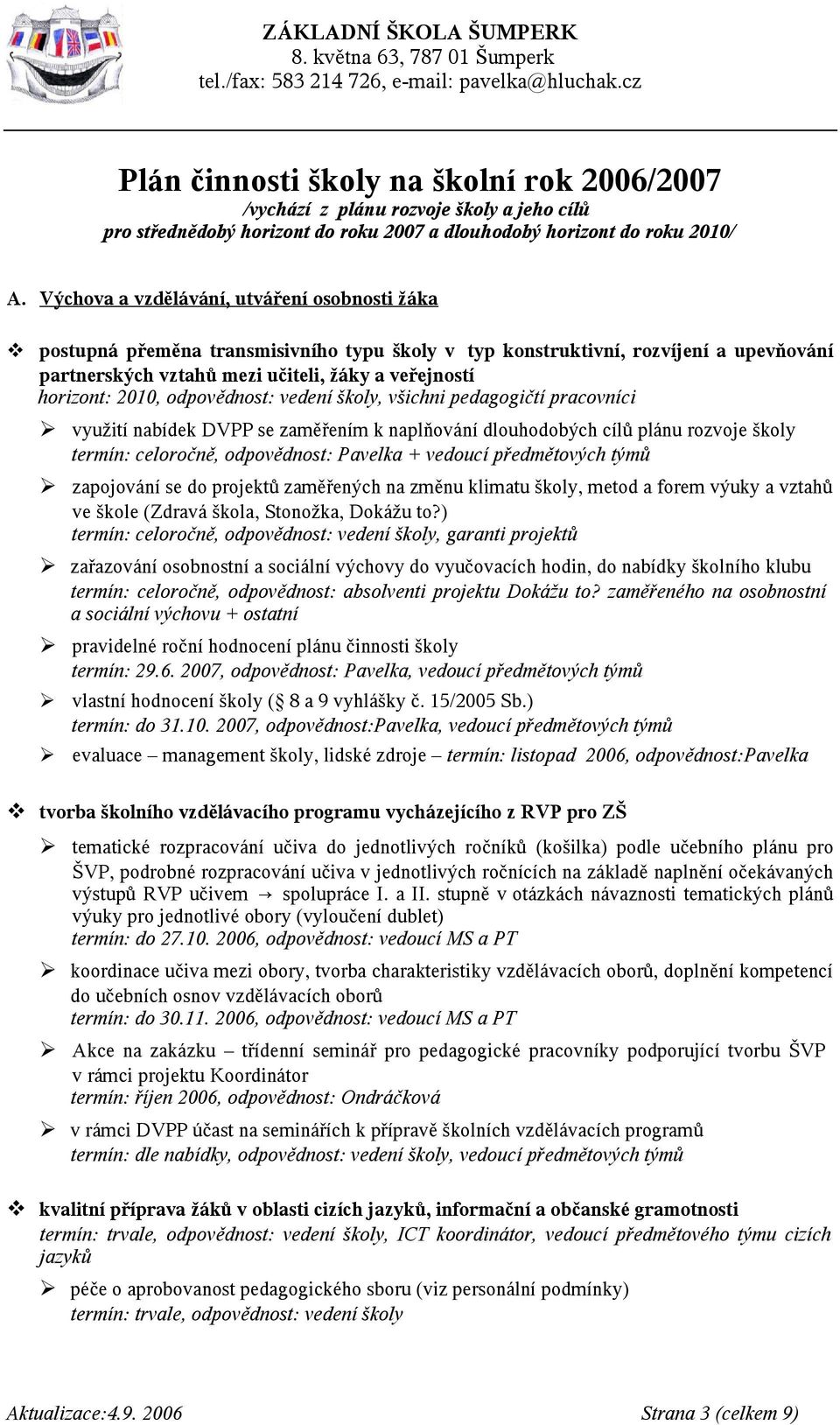 2010, odpovědnost: vedení školy, všichni pedagogičtí pracovníci využití nabídek DVPP se zaměřením k naplňování dlouhodobých cílů plánu rozvoje školy termín: celoročně, odpovědnost: Pavelka + vedoucí