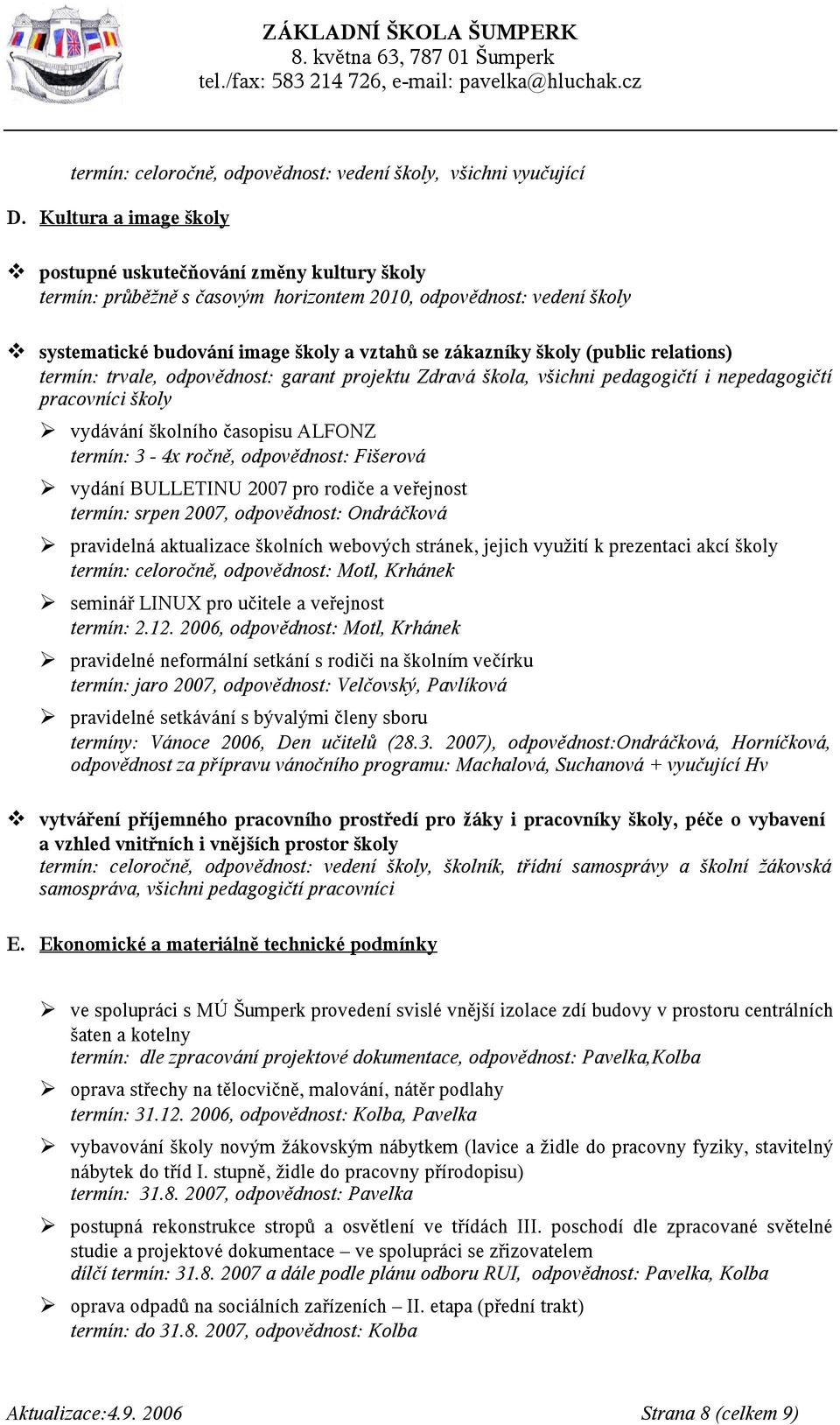 (public relations) termín: trvale, odpovědnost: garant projektu Zdravá škola, všichni pedagogičtí i nepedagogičtí pracovníci školy vydávání školního časopisu ALFONZ termín: 3-4x ročně, odpovědnost: