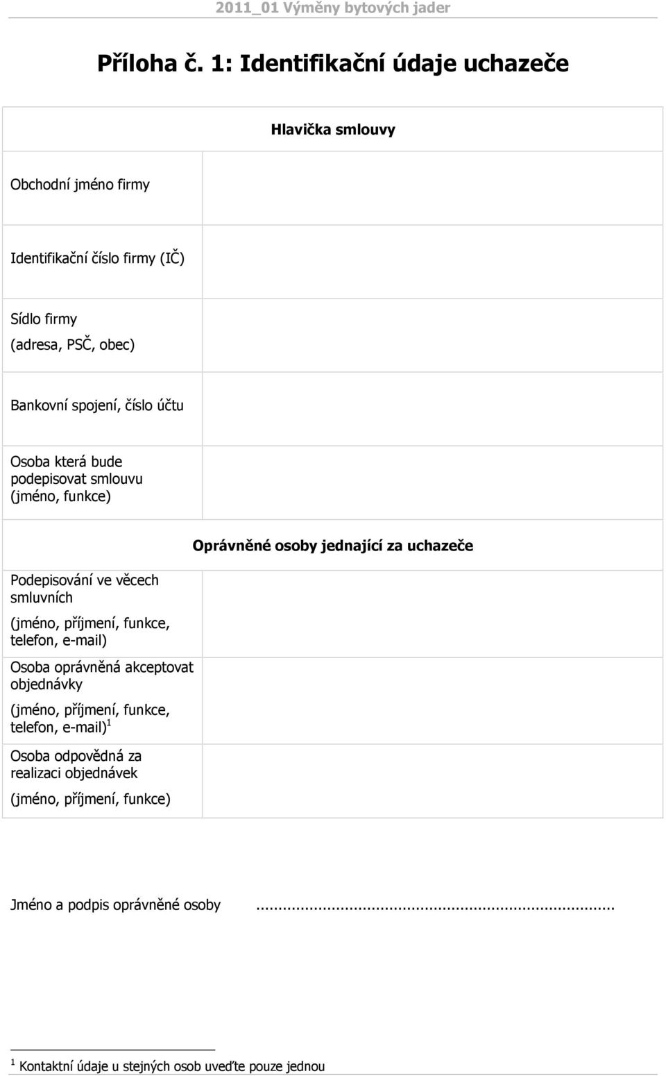 spojení, číslo účtu Osoba která bude podepisovat smlouvu (jméno, funkce) Podepisování ve věcech smluvních (jméno, příjmení, funkce, telefon,