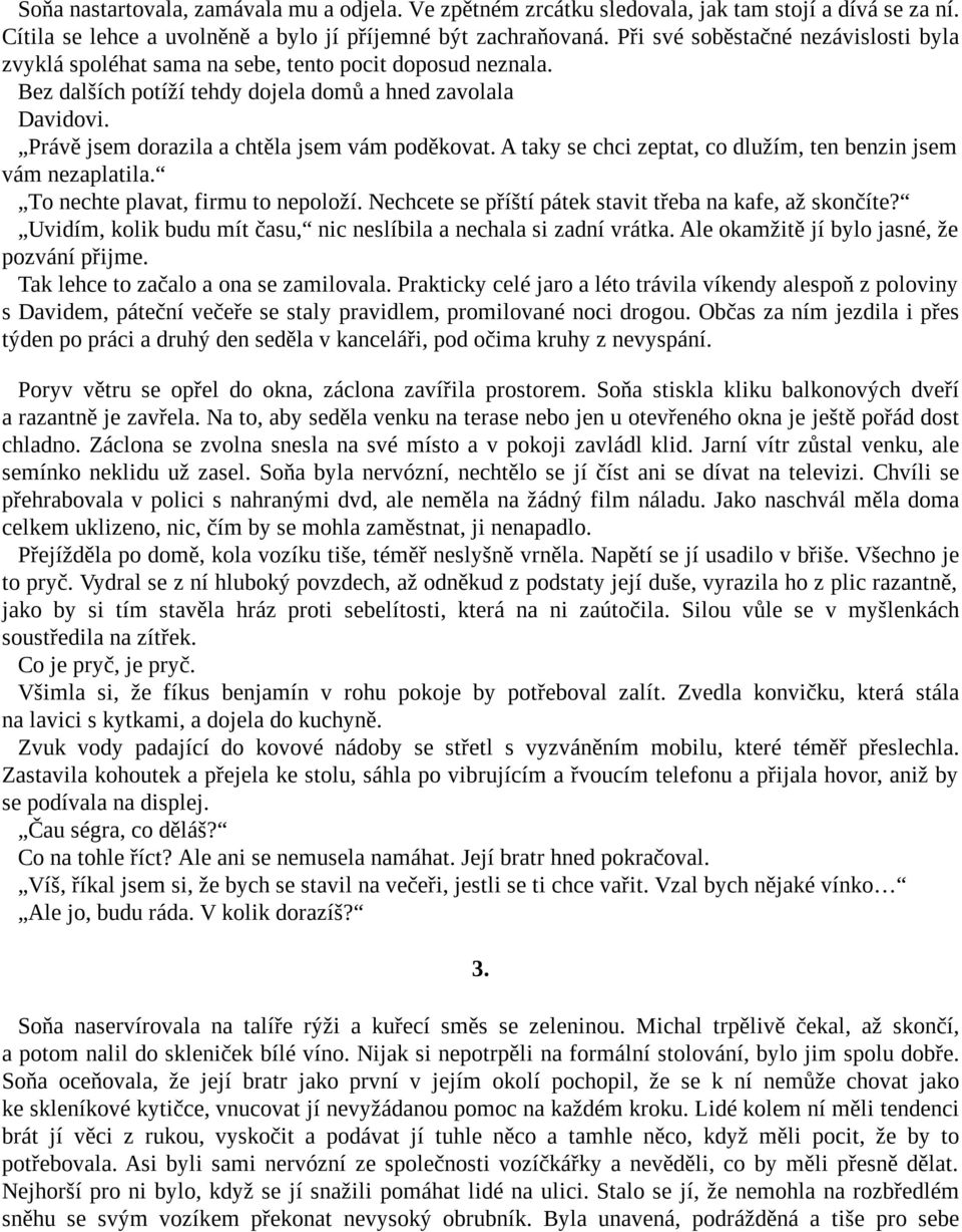 Právě jsem dorazila a chtěla jsem vám poděkovat. A taky se chci zeptat, co dlužím, ten benzin jsem vám nezaplatila. To nechte plavat, firmu to nepoloží.