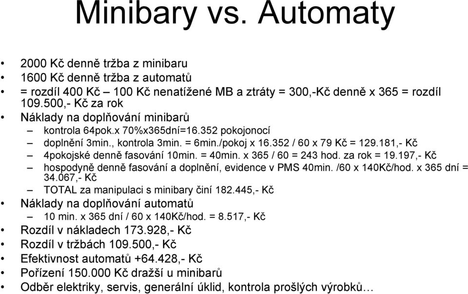 181,- Kč 4pokojské denně fasování 10min. = 40min. x 365 / 60 = 243 hod. za rok = 19.197,- Kč hospodyně denně fasování a doplnění, evidence v PMS 40min. /60 x 140Kč/hod. x 365 dní = 34.