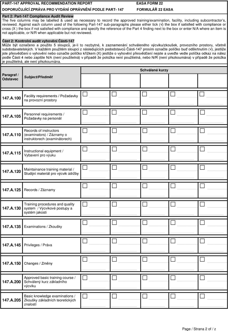 Against each column used of the following Part147 subparagraphs please either tick ( ) the box if satisfied with compliance or cross (X ) the box if not satisfied with compliance and specify the