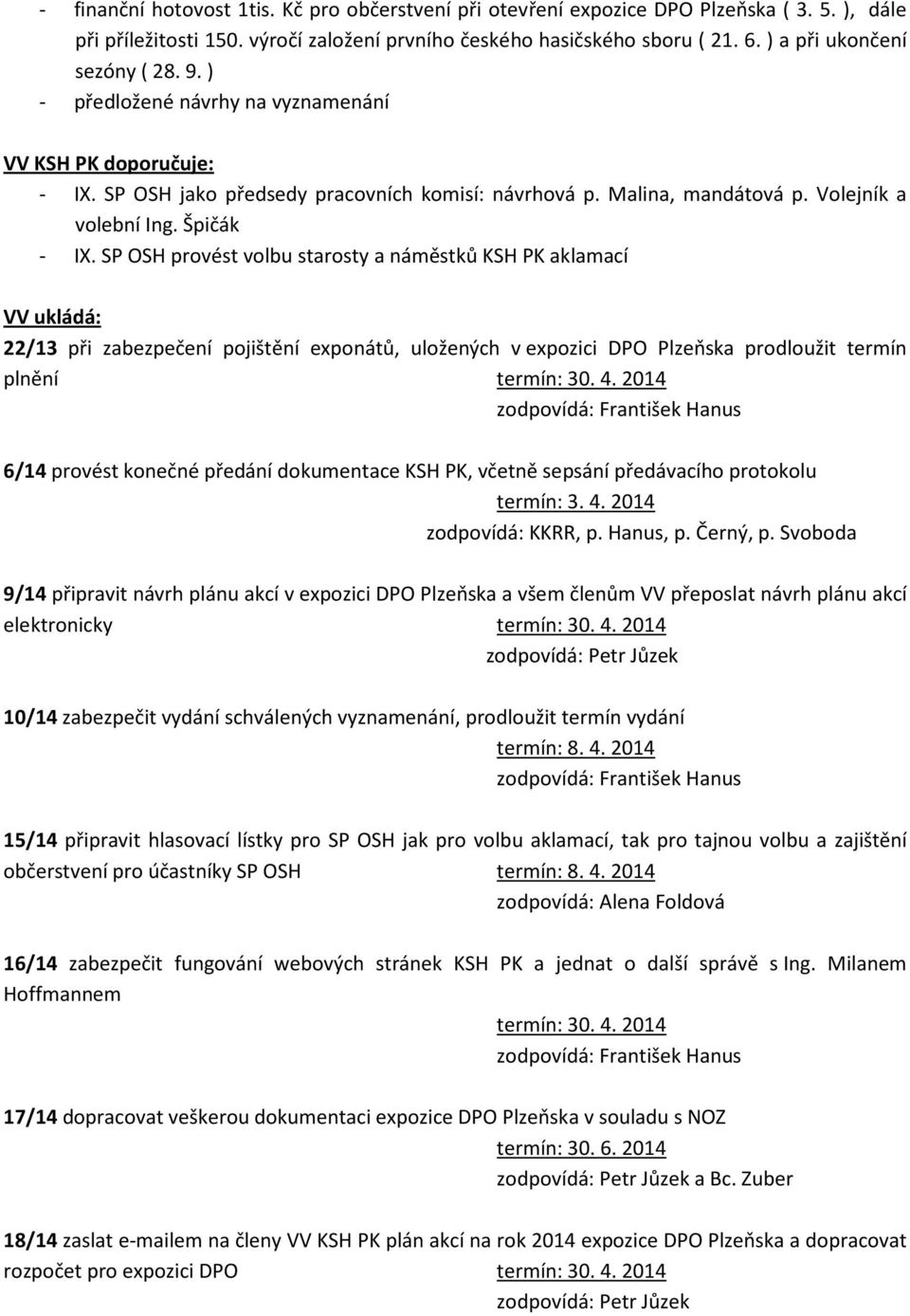 Špičák - IX. SP OSH provést volbu starosty a náměstků KSH PK aklamací VV ukládá: 22/13 při zabezpečení pojištění exponátů, uložených v expozici DPO Plzeňska prodloužit termín plnění termín: 30. 4.