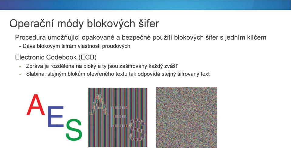 Electronic Codebook (ECB) - Zpráva je rozdělena na bloky a ty jsou zašifrovány