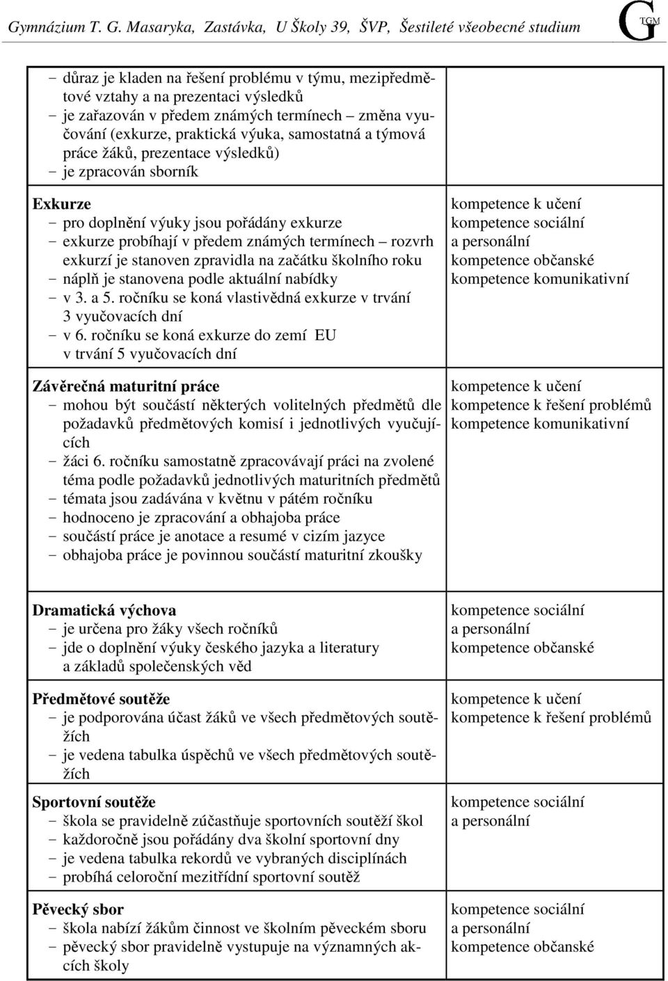 změna vyučování (exkurze, praktická výuka, samostatná a týmová práce žáků, prezentace výsledků) - je zpracován sborník Exkurze - pro doplnění výuky jsou pořádány exkurze - exkurze probíhají v předem