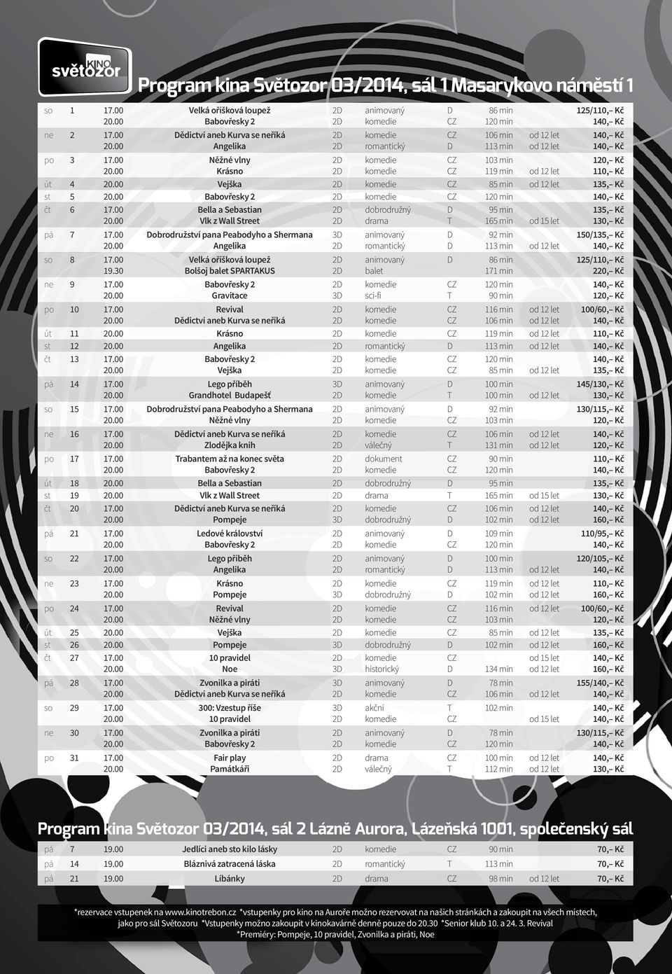 00 Krásno 2D komedie CZ 119 min od 12 let 110, Kč út 4 20.00 Vejška 2D komedie CZ 85 min od 12 let 135, Kč st 5 20.00 Babovřesky 2 2D komedie CZ 120 min 140, Kč čt 6 17.