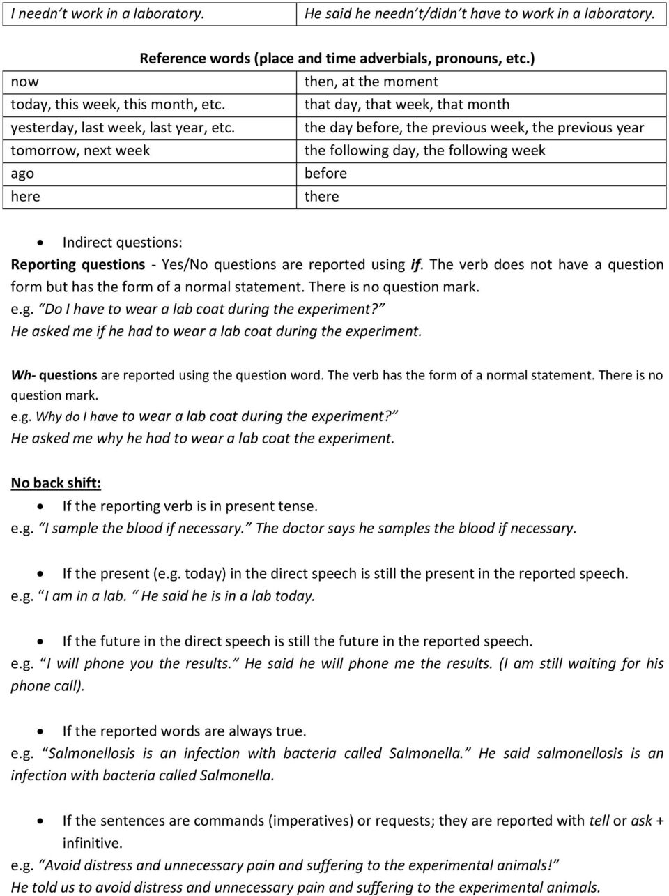 ) then, at the moment that day, that week, that month the day before, the previous week, the previous year the following day, the following week before there Indirect questions: Reporting questions -