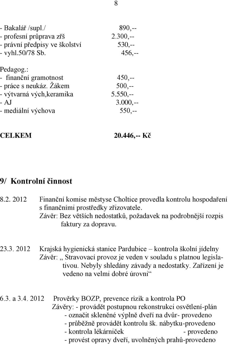 .446,-- Kč 9/ Kontrolní činnost 8.2. 2012 Finanční komise městyse Choltice provedla kontrolu hospodaření s finančními prostředky zřizovatele.