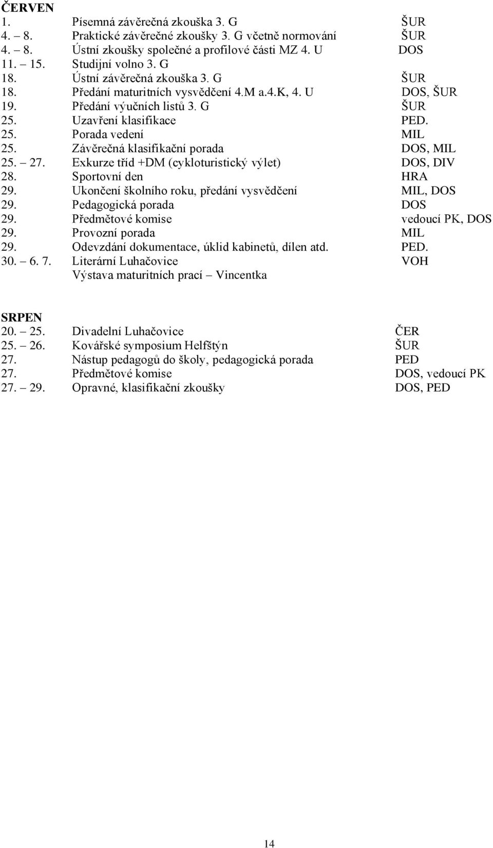 Závěrečná klasifikační porada DOS, MIL 25. 27. Exkurze tříd +DM (cykloturistický výlet) DOS, DIV 28. Sportovní den HRA 29. Ukončení školního roku, předání vysvědčení MIL, DOS 29.