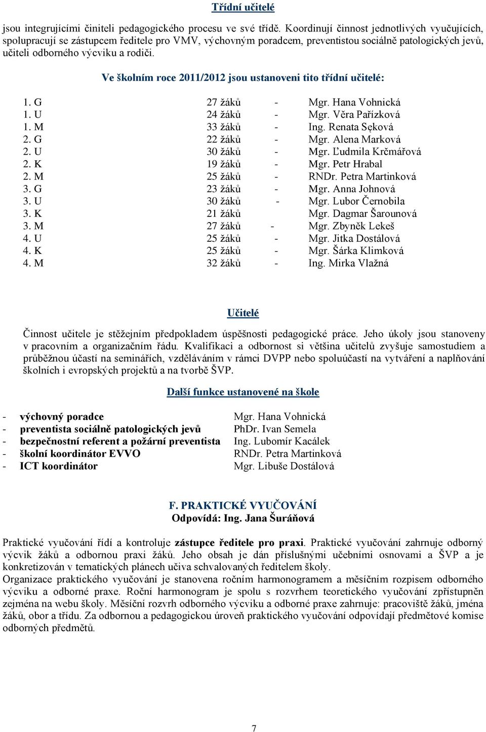 Ve školním roce 2011/2012 jsou ustanoveni tito třídní učitelé: 1. G 27 ţáků - Mgr. Hana Vohnická 1. U 24 ţáků - Mgr. Věra Pařízková 1. M 33 ţáků - Ing. Renata Sęková 2. G 22 ţáků - Mgr.