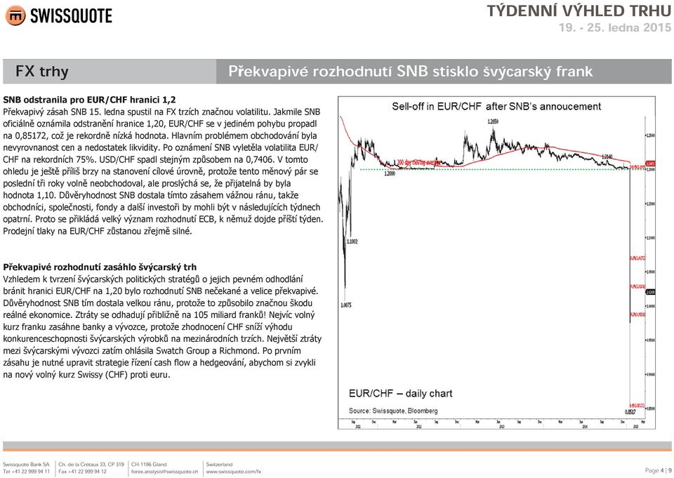 Hlavním problémem obchodování byla nevyrovnanost cen a nedostatek likvidity. Po oznámení SNB vyletěla volatilita EUR/ CHF na rekordních 75%. USD/CHF spadl stejným způsobem na 0,7406.