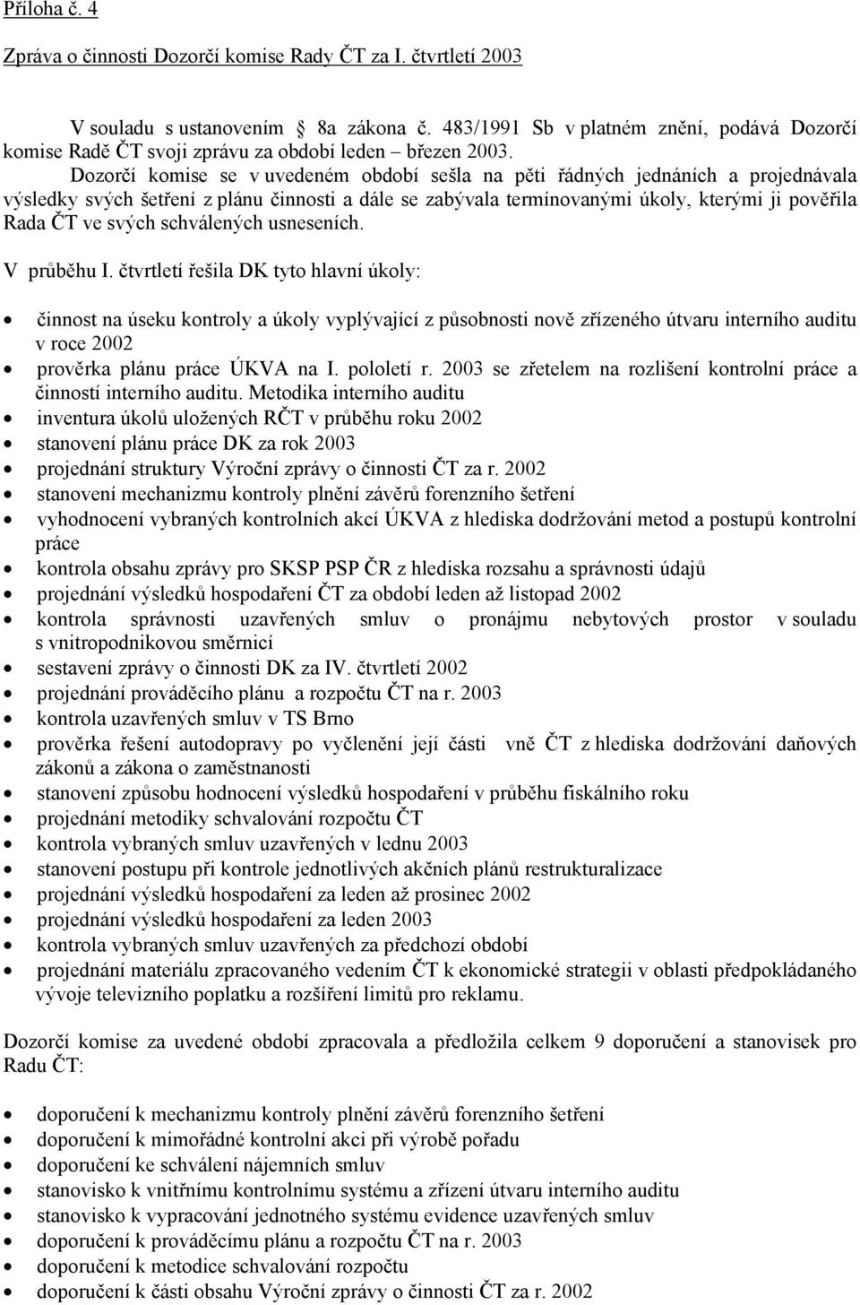 Dozorčí komise se v uvedeném období sešla na pěti řádných jednáních a projednávala výsledky svých šetření z plánu činnosti a dále se zabývala termínovanými úkoly, kterými ji pověřila Rada ČT ve svých