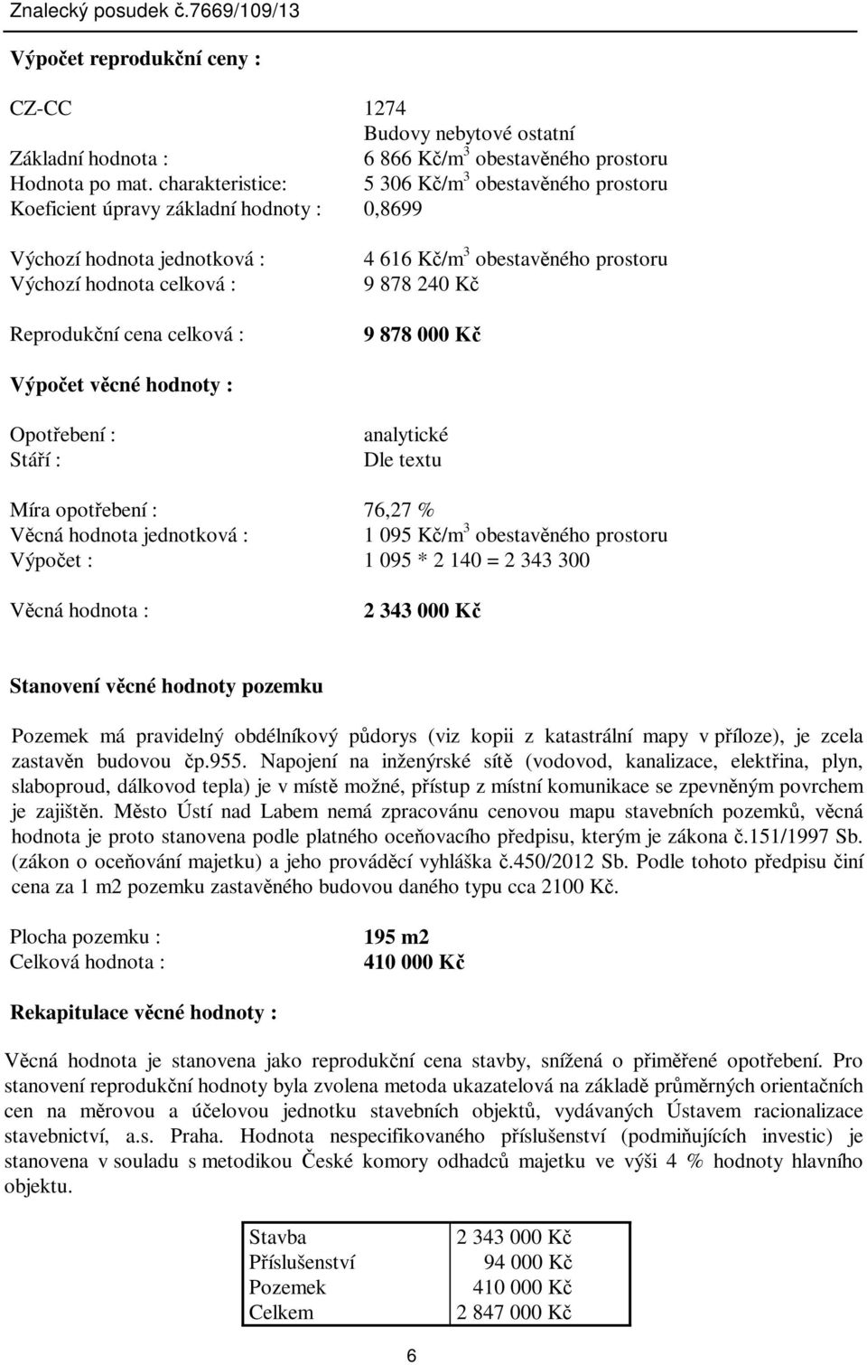 prostoru 9 878 240 K 9 878 000 K Výpoet vcné hodnoty : Opotebení : Stáí : analytické Dle textu Míra opotebení : 76,27 % Vcná hodnota jednotková : 1 095 K/m 3 obestavného prostoru Výpoet : 1 095 * 2