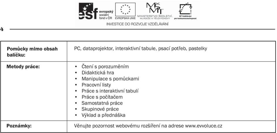 pomůckami Pracovní listy Práce s interaktivní tabulí Práce s počítačem Samostatná práce