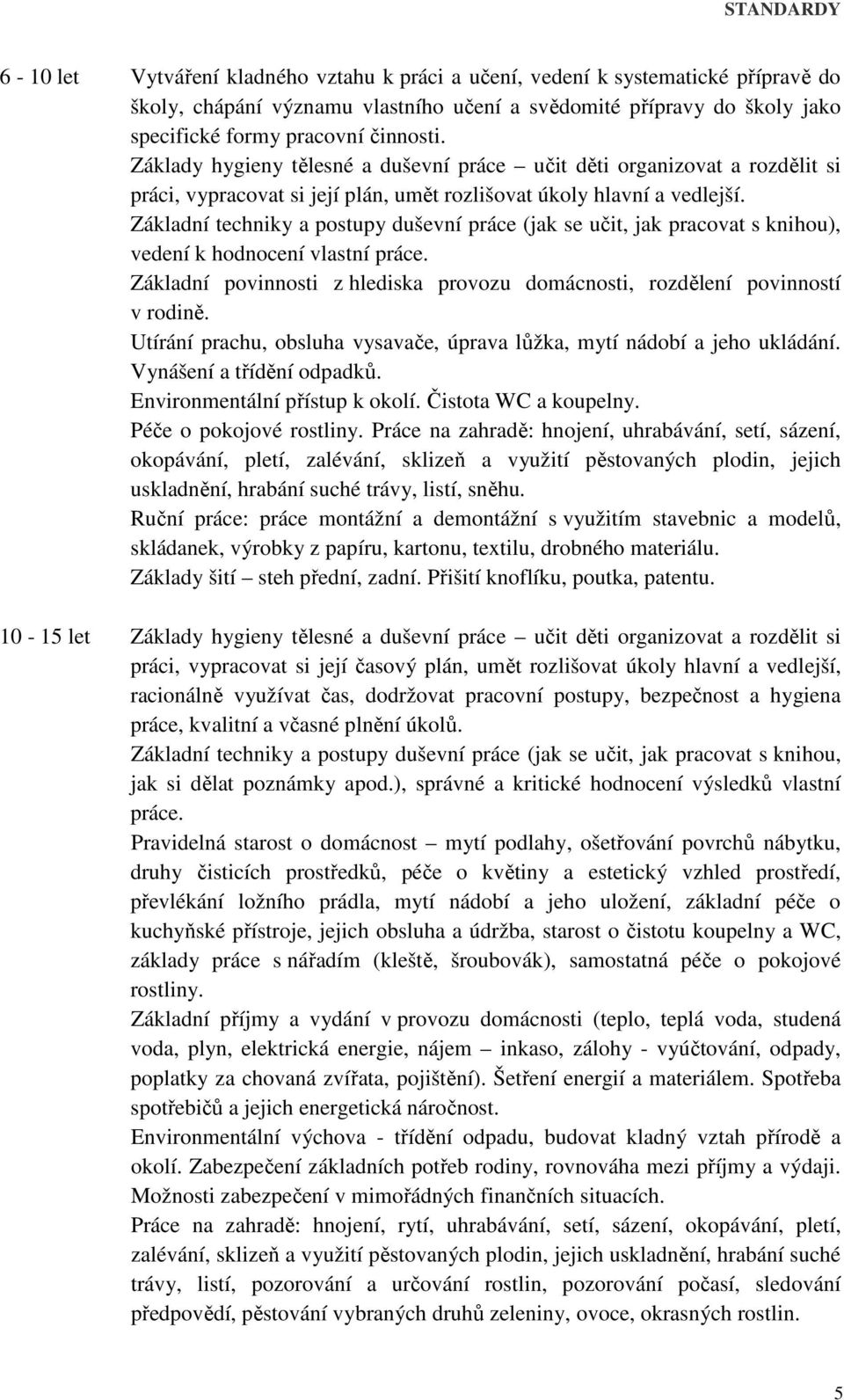 Základní techniky a postupy duševní práce (jak se učit, jak pracovat s knihou), vedení k hodnocení vlastní práce. Základní povinnosti z hlediska provozu domácnosti, rozdělení povinností v rodině.